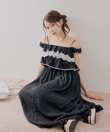 レース配色ロングワンピース