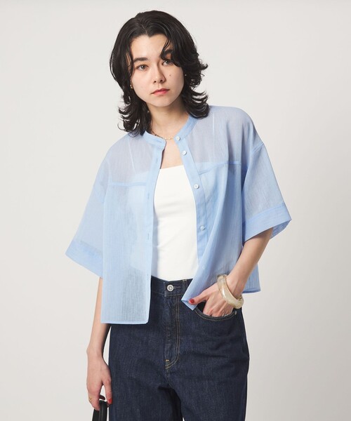 green label relaxing(グリーンレーベルリラクシング)の「ラミーライク ショートスリーブ シャツ 通気性(シャツ/ブラウス・レディース・ブラック/ダークブラウン/オフホワイト/ライトブルー・FREE)」の4枚目の写真