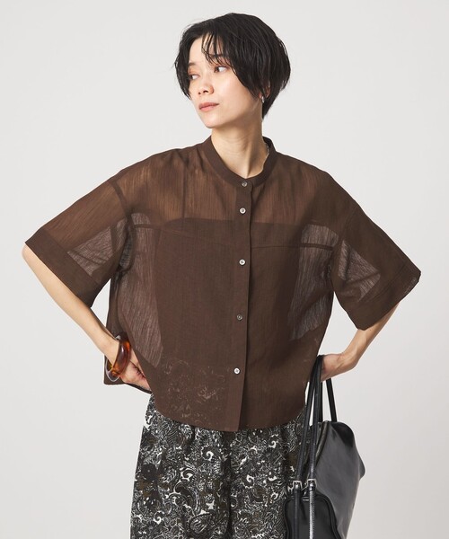 green label relaxing(グリーンレーベルリラクシング)の「ラミーライク ショートスリーブ シャツ 通気性(シャツ/ブラウス・レディース・ブラック/ダークブラウン/オフホワイト/ライトブルー・FREE)」の5枚目の写真