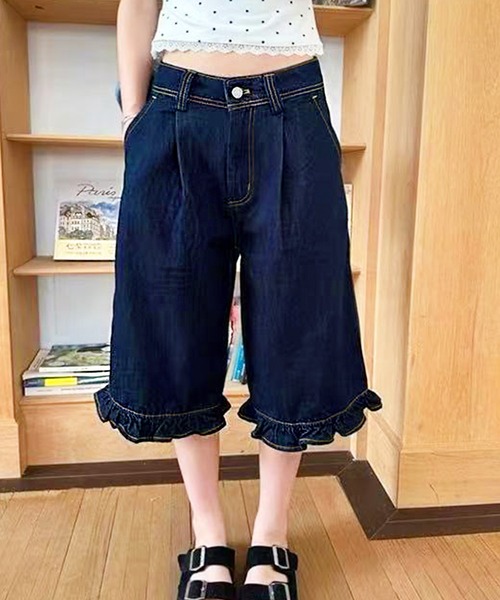 core core（コアコア）の「裾フリルハイウエストデニムハーフパンツ（デニムパンツ・レディース・ブルー・M/S/L）」の2枚目の写真