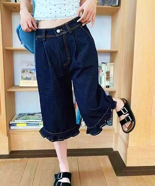 core core（コアコア）の「裾フリルハイウエストデニムハーフパンツ（デニムパンツ・レディース・ブルー・M/S/L）」の3枚目の写真