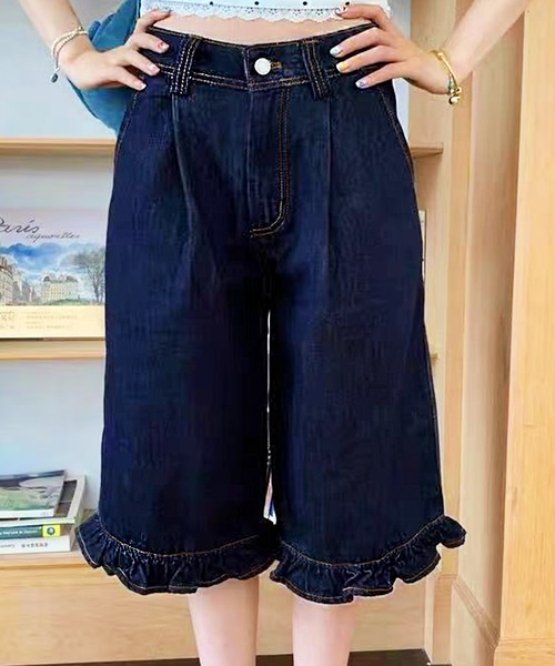 core core（コアコア）の「裾フリルハイウエストデニムハーフパンツ（デニムパンツ・レディース・ブルー・M/S/L）」の6枚目の写真