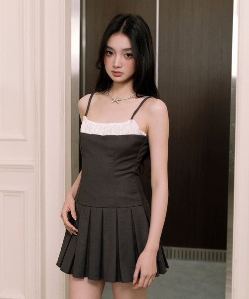 ANDWANG ミニワンピース セール】Slim tie pleats mini dress（ワンピース）｜andwang