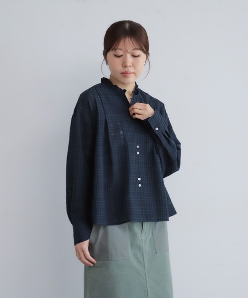 NOMBRE IMPAIR(ノンブルアンペール)の「【予約】シアーチェック フリルカラーシャツ(シャツ/ブラウス・レディース・ベージュ/ネイビー・FREE)」の9枚目の写真
