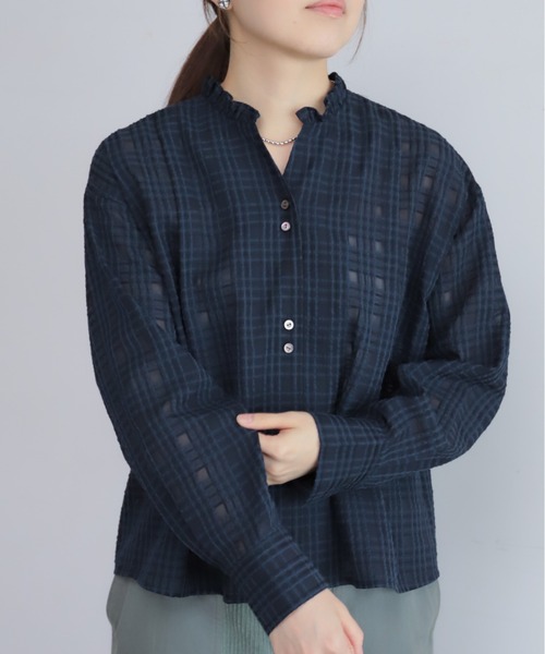 NOMBRE IMPAIR(ノンブルアンペール)の「【予約】シアーチェック フリルカラーシャツ(シャツ/ブラウス・レディース・ベージュ/ネイビー・FREE)」の12枚目の写真