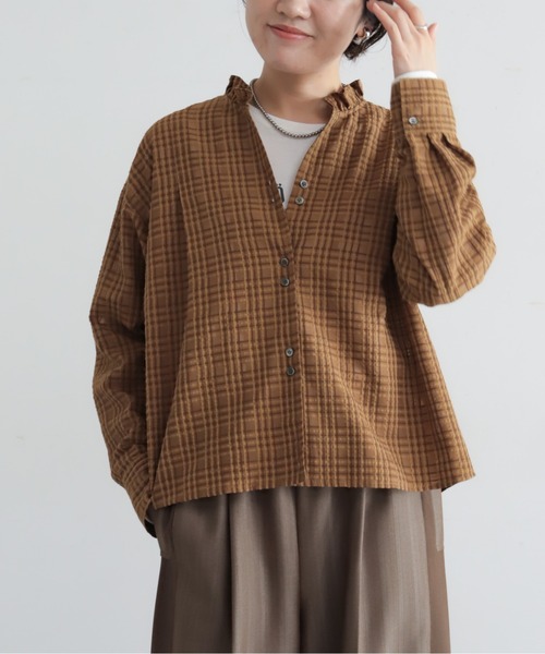 NOMBRE IMPAIR(ノンブルアンペール)の「【予約】シアーチェック フリルカラーシャツ(シャツ/ブラウス・レディース・ベージュ/ネイビー・FREE)」の7枚目の写真