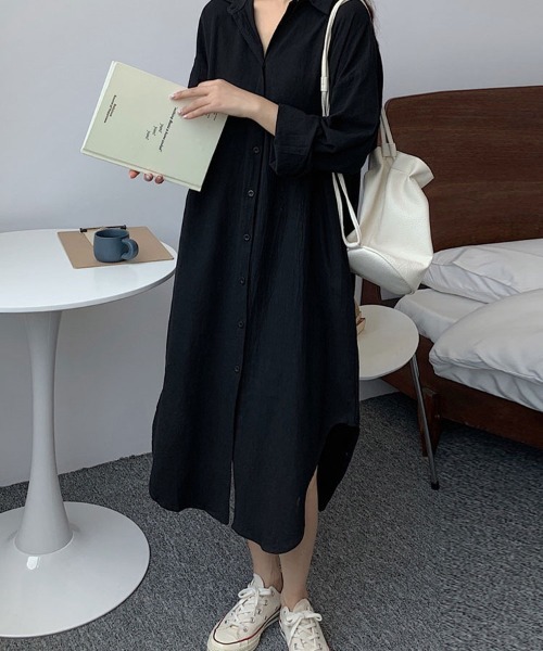 Flugge(フラッジー)の「ロングシャツワンピース(シャツワンピース・レディース・ブラック/カーキ・LARGE/MEDIUM)」の1枚目の写真