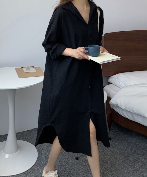 Flugge(フラッジー)の「ロングシャツワンピース(シャツワンピース・レディース・ブラック/カーキ・LARGE/MEDIUM)」の3枚目の写真