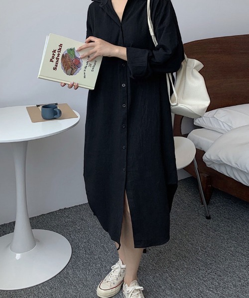 Flugge(フラッジー)の「ロングシャツワンピース(シャツワンピース・レディース・ブラック/カーキ・LARGE/MEDIUM)」の6枚目の写真