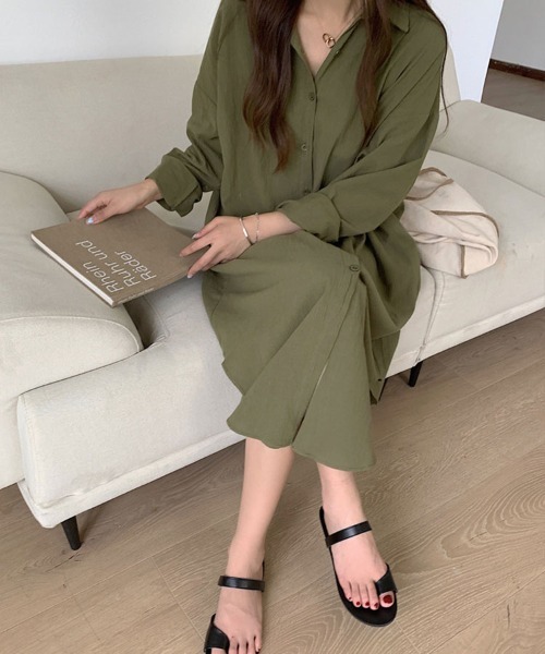 Flugge(フラッジー)の「ロングシャツワンピース(シャツワンピース・レディース・ブラック/カーキ・LARGE/MEDIUM)」の8枚目の写真
