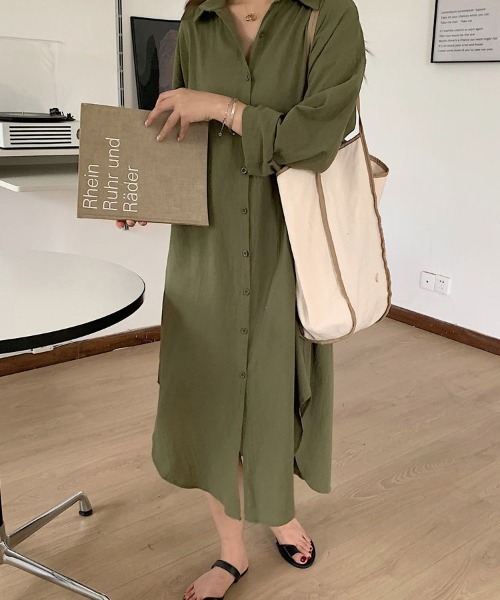 Flugge(フラッジー)の「ロングシャツワンピース(シャツワンピース・レディース・ブラック/カーキ・LARGE/MEDIUM)」の10枚目の写真