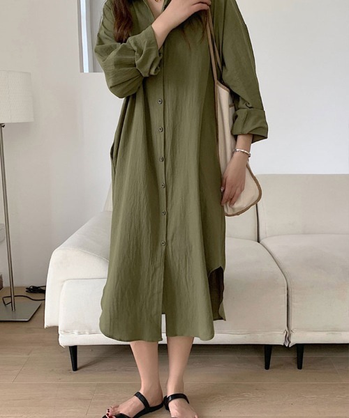 Flugge(フラッジー)の「ロングシャツワンピース(シャツワンピース・レディース・ブラック/カーキ・LARGE/MEDIUM)」の11枚目の写真
