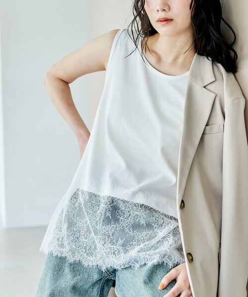 FREAK'S STORE(フリークスストア)の「異素材ドッキング タンクトップ/レースレイヤードタンクトップ(Tシャツ/カットソー・レディース・オフホワイト/チャコール/ナチュラル/ブラック・フリ-)」の2枚目の写真