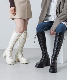 【S-LLサイズ展開・美脚効果あり】10cm厚底レースアップストレッチロングブーツ JB4064