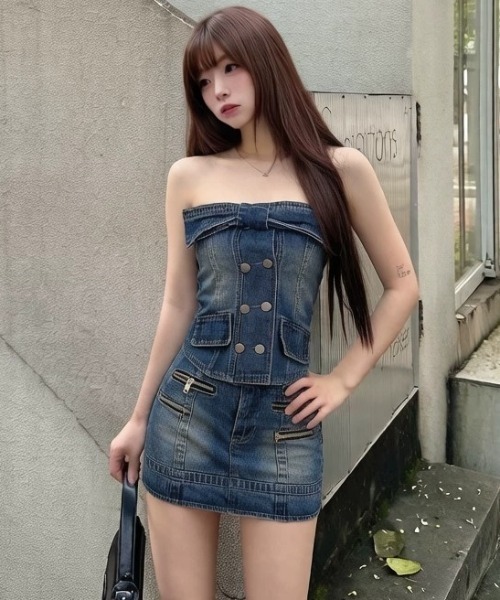 Aelina（エリナ）の「デニムビスチェ&スカートセットアップ（セットアップ・レディース・ブルー・FREE）」の2枚目の写真