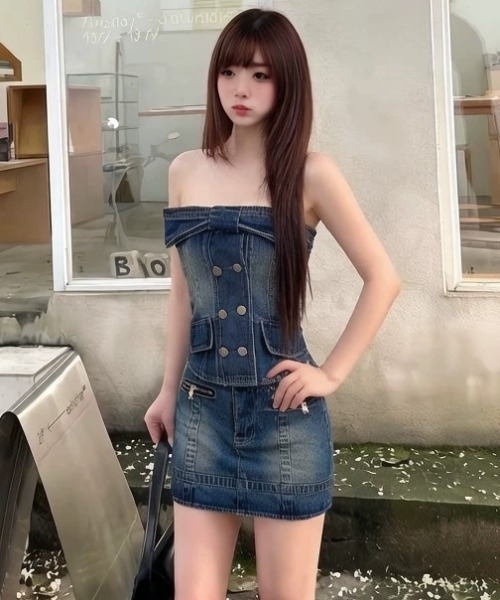 Aelina（エリナ）の「デニムビスチェ&スカートセットアップ（セットアップ・レディース・ブルー・FREE）」の5枚目の写真