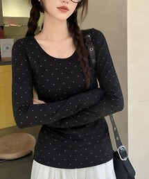 ドット柄長袖カットソーTシャツ・ラウンドネック