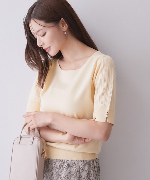 index(インデックス)の「透かし編み半袖ニット【洗濯機OK/抗ピル】(ニット/セーター・レディース・ナチュラル/ネイビー/ライトイエロー系/サックスブルー系7・36/40/38/42)」の5枚目の写真
