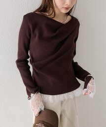 裾レースドッキングオフショルリブニット