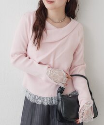 裾レースドッキングオフショルリブニット
