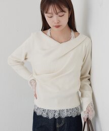 裾レースドッキングオフショルリブニット