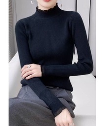 フリルハイネックニットトップス/レディース ハイネック スタンドネック きれいめ 韓国ファッション