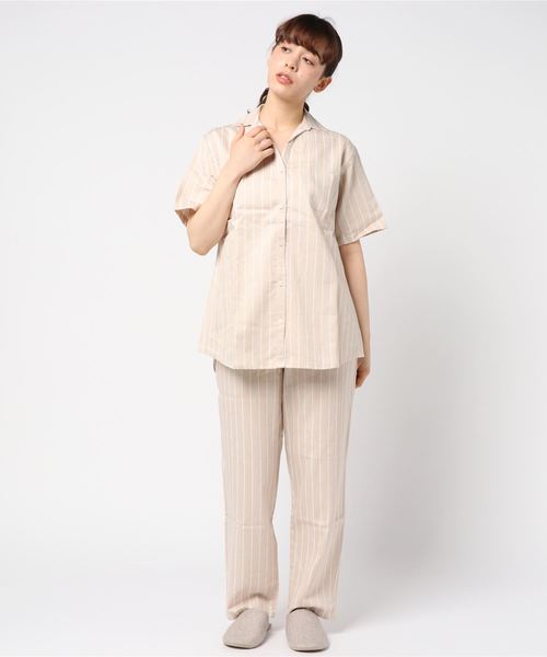 Kaimin Labo Home カイミンラボホーム の レディス オーガニックコットンブレンド 麻入りドビーストライプ半袖パジャマ ルームウェア パジャマ Wear