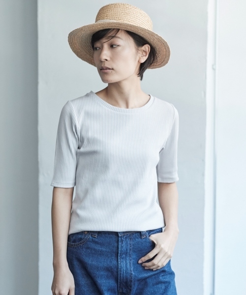 AMERICAN HOLIC（アメリカンホリック）の「・ベーシックテレコ5分袖プルオーバー（Tシャツ/カットソー・レディース・その他/オフホワイト/カーキ/ネイビー/ライトグレー/ブラック・L/M）」の4枚目の写真