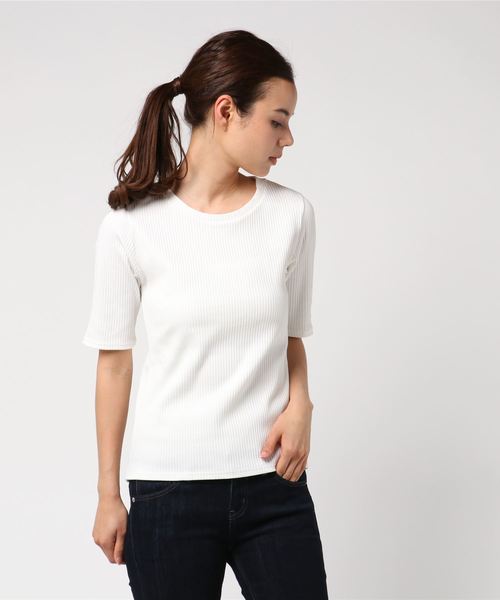 AMERICAN HOLIC（アメリカンホリック）の「・ベーシックテレコ5分袖プルオーバー（Tシャツ/カットソー・レディース・その他/オフホワイト/カーキ/ネイビー/ライトグレー/ブラック・L/M）」の2枚目の写真