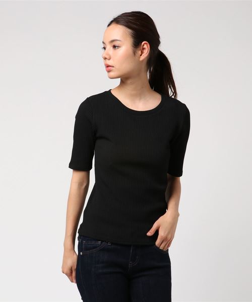 AMERICAN HOLIC（アメリカンホリック）の「・ベーシックテレコ5分袖プルオーバー（Tシャツ/カットソー・レディース・その他/オフホワイト/カーキ/ネイビー/ライトグレー/ブラック・L/M）」の3枚目の写真