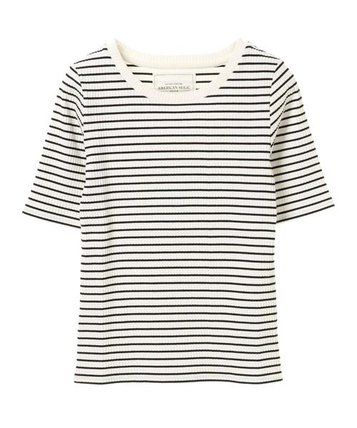 AMERICAN HOLIC（アメリカンホリック）の「・ベーシックテレコ5分袖プルオーバー（Tシャツ/カットソー・レディース・その他/オフホワイト/カーキ/ネイビー/ライトグレー/ブラック・L/M）」の15枚目の写真