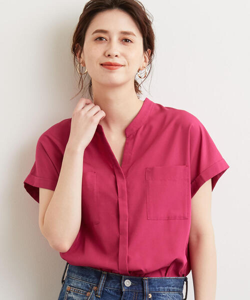 green label relaxing（グリーンレーベルリラクシング）の「FM ポケットツキ ショートスリーブ ブラウス（シャツ/ブラウス・レディース・ベージュ/オリーブ/ピンク/オフホワイト・FREE）」の4枚目の写真
