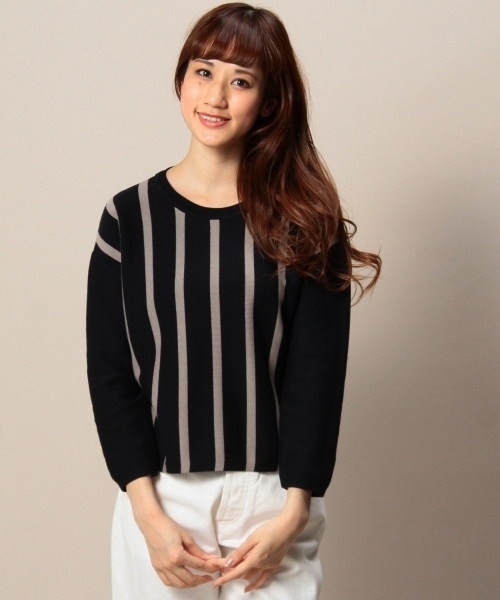 BEAUTY&YOUTH UNITED ARROWS(ビューティーアンドユースユナイテッドアローズ)の「BYBC コットンストライプショートプルオーバー ◆(ニット/セーター・レディース・ホワイト/ネイビー・フリー)」の1枚目の写真