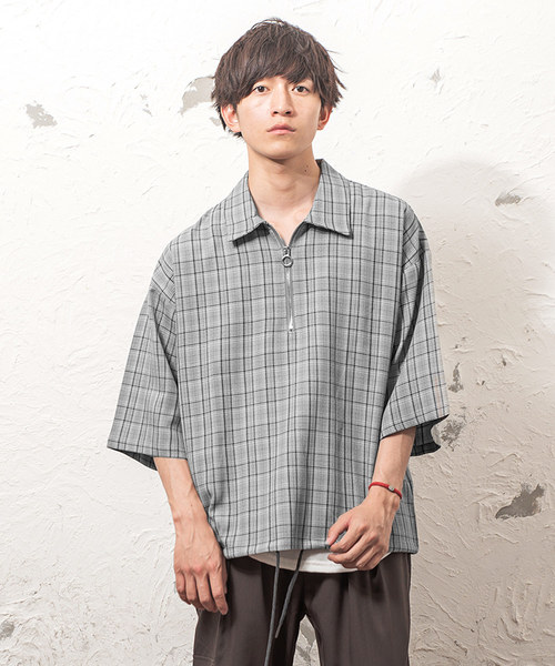 MinoriTY（マイノリティ）の「ハーフZIPチェック ビッグシルエット（シャツ/ブラウス・メンズ・ブラック/ベージュ/ブラウン・M/L）」の2枚目の写真