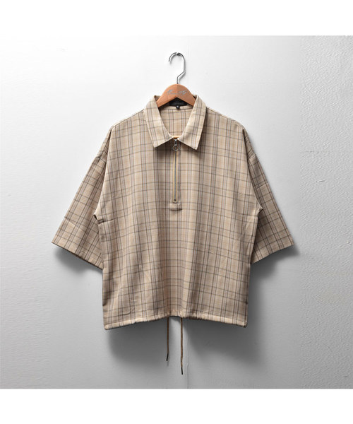 MinoriTY（マイノリティ）の「ハーフZIPチェック ビッグシルエット（シャツ/ブラウス・メンズ・ブラック/ベージュ/ブラウン・M/L）」の10枚目の写真