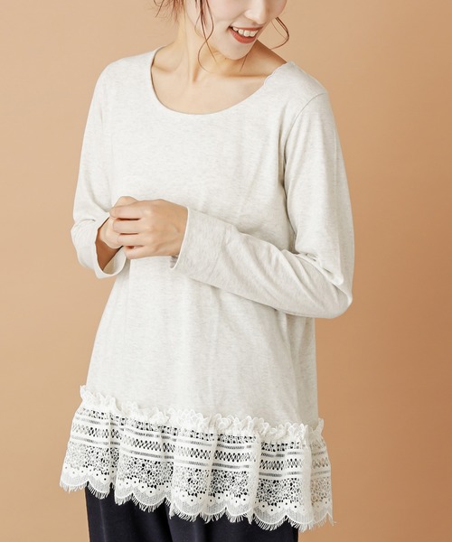 PUAL CE CIN(ピュアルセシン)の「【cotton】裾レースプルオーバー(Tシャツ/カットソー・レディース・オートミール/チャコールグレー・FREE)」の1枚目の写真