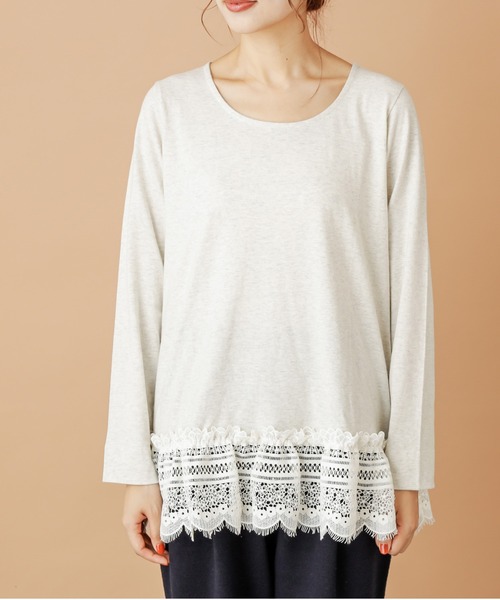 PUAL CE CIN(ピュアルセシン)の「【cotton】裾レースプルオーバー(Tシャツ/カットソー・レディース・オートミール/チャコールグレー・FREE)」の3枚目の写真