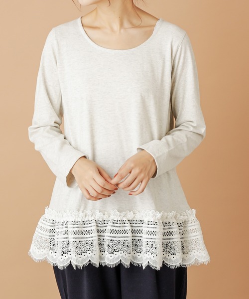 PUAL CE CIN(ピュアルセシン)の「【cotton】裾レースプルオーバー(Tシャツ/カットソー・レディース・オートミール/チャコールグレー・FREE)」の11枚目の写真