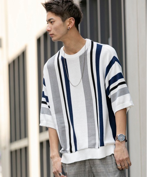 En serio TOKYO（エンソリオトーキョー）の「TC ニット / マルチストライプ ビッグシルエット サマーニット Tシャツ（ニット/セーター・メンズ・オフホワイト/パープル/ブラック/ベージュ・M/L）」の2枚目の写真