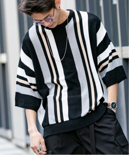 En serio TOKYO（エンソリオトーキョー）の「TC ニット / マルチストライプ ビッグシルエット サマーニット Tシャツ（ニット/セーター・メンズ・オフホワイト/パープル/ブラック/ベージュ・M/L）」の3枚目の写真