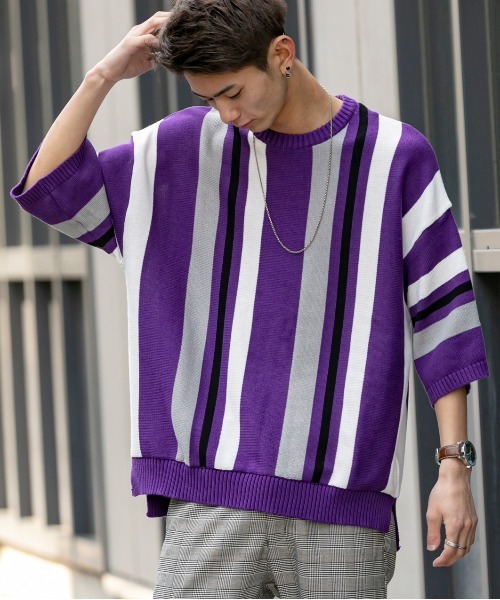 En serio TOKYO（エンソリオトーキョー）の「TC ニット / マルチストライプ ビッグシルエット サマーニット Tシャツ（ニット/セーター・メンズ・オフホワイト/パープル/ブラック/ベージュ・M/L）」の7枚目の写真