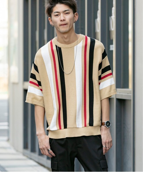 En serio TOKYO（エンソリオトーキョー）の「TC ニット / マルチストライプ ビッグシルエット サマーニット Tシャツ（ニット/セーター・メンズ・オフホワイト/パープル/ブラック/ベージュ・M/L）」の9枚目の写真