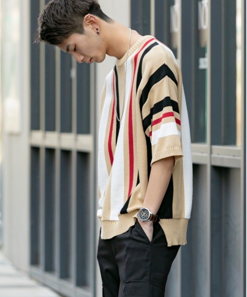 En serio TOKYO（エンソリオトーキョー）の「TC ニット / マルチストライプ ビッグシルエット サマーニット Tシャツ（ニット/セーター・メンズ・オフホワイト/パープル/ブラック/ベージュ・M/L）」の10枚目の写真