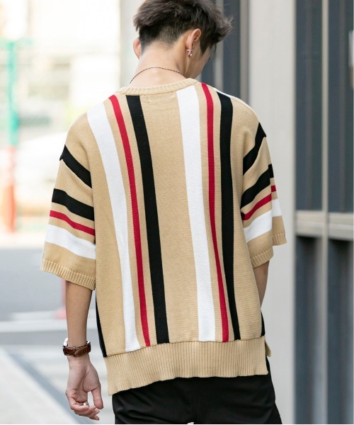 En serio TOKYO（エンソリオトーキョー）の「TC ニット / マルチストライプ ビッグシルエット サマーニット Tシャツ（ニット/セーター・メンズ・オフホワイト/パープル/ブラック/ベージュ・M/L）」の11枚目の写真