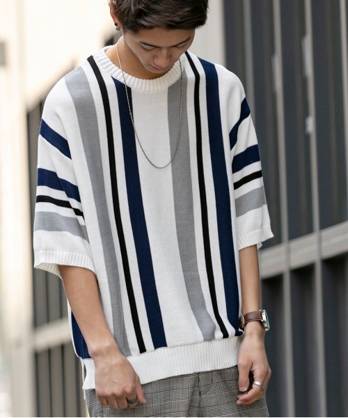 En serio TOKYO（エンソリオトーキョー）の「TC ニット / マルチストライプ ビッグシルエット サマーニット Tシャツ（ニット/セーター・メンズ・オフホワイト/パープル/ブラック/ベージュ・M/L）」の12枚目の写真