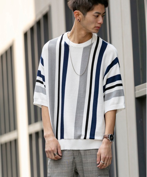 En serio TOKYO（エンソリオトーキョー）の「TC ニット / マルチストライプ ビッグシルエット サマーニット Tシャツ（ニット/セーター・メンズ・オフホワイト/パープル/ブラック/ベージュ・M/L）」の13枚目の写真