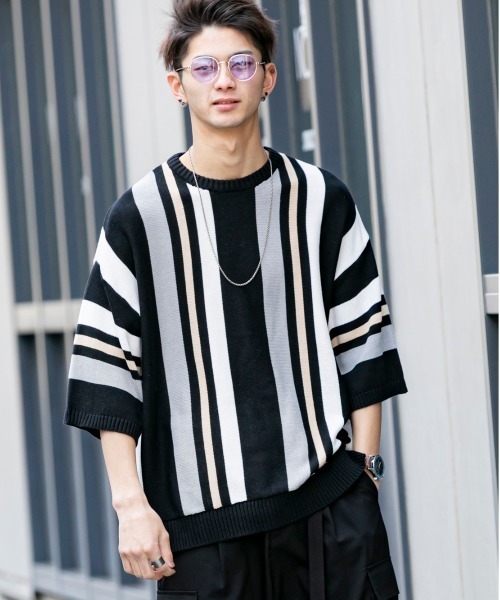 En serio TOKYO（エンソリオトーキョー）の「TC ニット / マルチストライプ ビッグシルエット サマーニット Tシャツ（ニット/セーター・メンズ・オフホワイト/パープル/ブラック/ベージュ・M/L）」の14枚目の写真