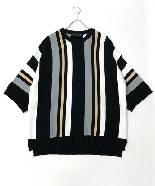 En serio TOKYO（エンソリオトーキョー）の「TC ニット / マルチストライプ ビッグシルエット サマーニット Tシャツ（ニット/セーター・メンズ・オフホワイト/パープル/ブラック/ベージュ・M/L）」の16枚目の写真
