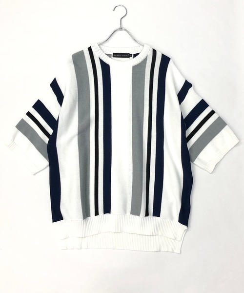 En serio TOKYO（エンソリオトーキョー）の「TC ニット / マルチストライプ ビッグシルエット サマーニット Tシャツ（ニット/セーター・メンズ・オフホワイト/パープル/ブラック/ベージュ・M/L）」の17枚目の写真