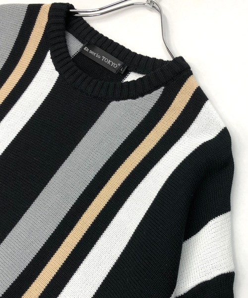 En serio TOKYO（エンソリオトーキョー）の「TC ニット / マルチストライプ ビッグシルエット サマーニット Tシャツ（ニット/セーター・メンズ・オフホワイト/パープル/ブラック/ベージュ・M/L）」の20枚目の写真